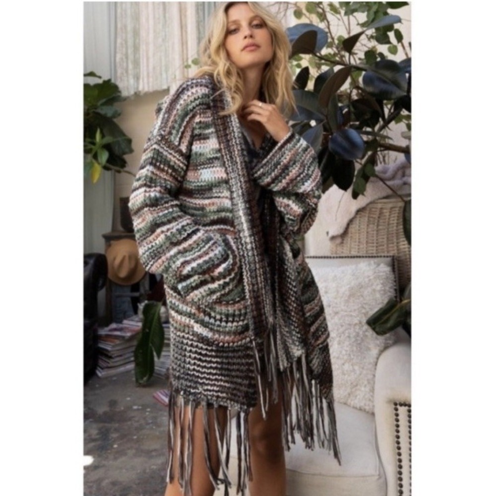 POL Crochet Fringe Cardigan Sweater Size M Charcoal Grey/Green/Brown/White/pink
